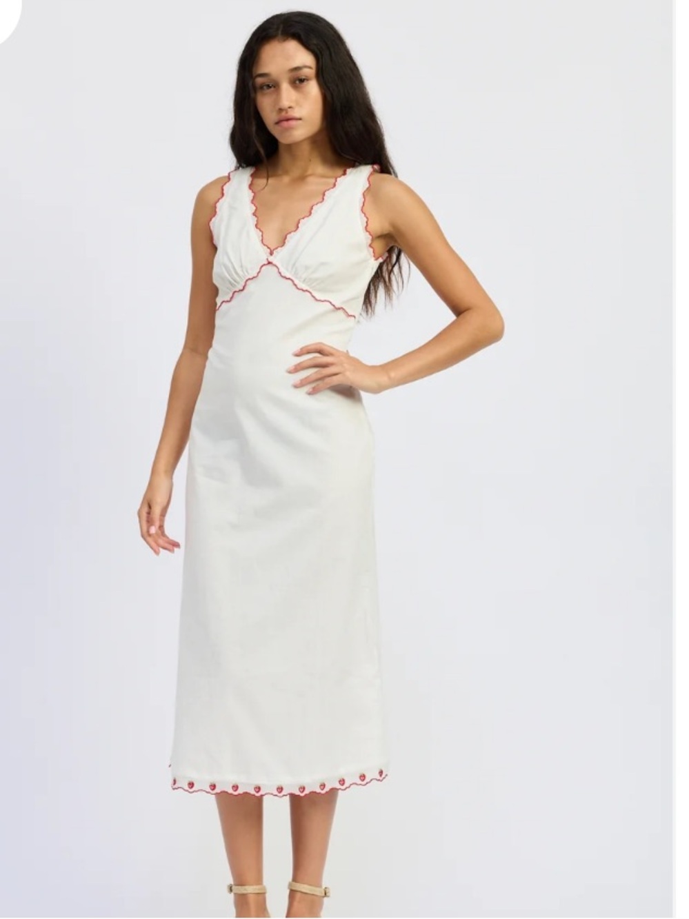 Jacqui E White 100% Cotton Midi Dress with Red Scallop Trim $124